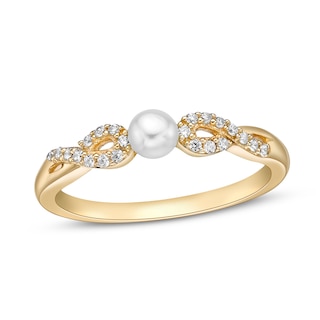 Cultured Pearl & White Lab-Created Sapphire Ring 10K Yellow Gold|Kay