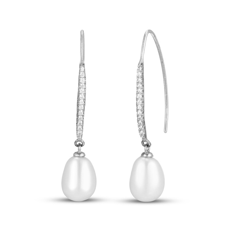 Cultured Pearl & White Lab-Created Sapphire Drop Earrings Oval/Round-Cut Sterling Silver