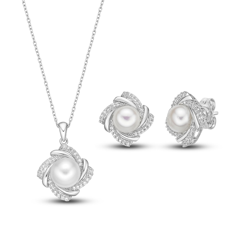 Cultured Pearl & White Lab-Created Sapphire Boxed Set Sterling Silver