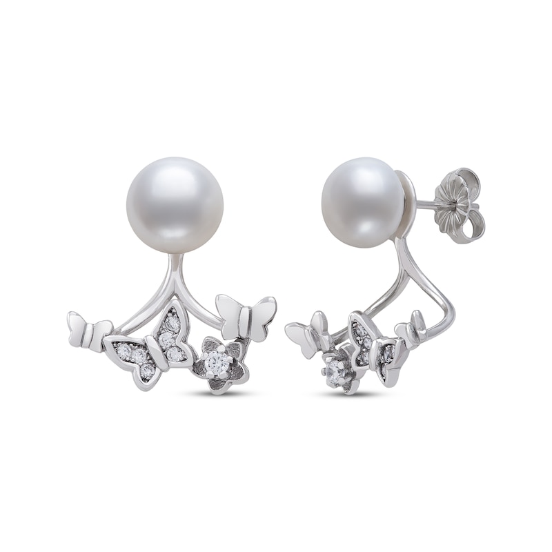 Cultured Pearl & Round-Cut White Lab-Created Sapphire Front-Back Butterfly Earrings Sterling Silver