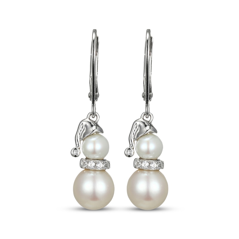 Cultured Pearl & White Lab-Created Sapphire Snowman Dangle Earrings Sterling Silver
