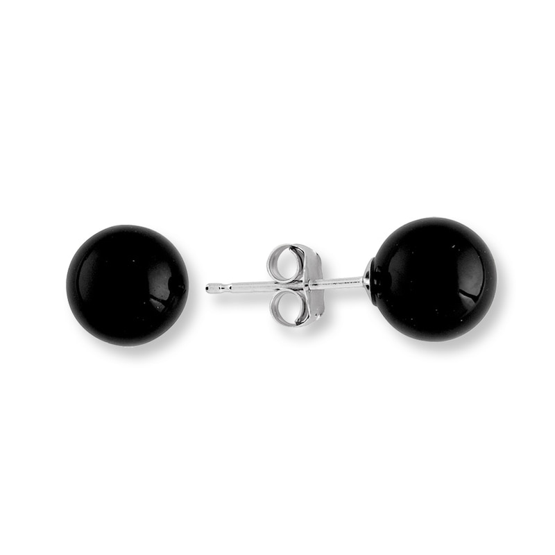 Black Onyx Bead Earrings 14K White Gold