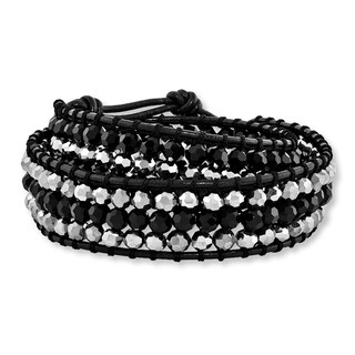 Wrap Bracelet Black Gray Crystals Leather Stainless Steel Kay Wrap Bracelet Black Gray Crystals Leather Stainless Steel Kay
