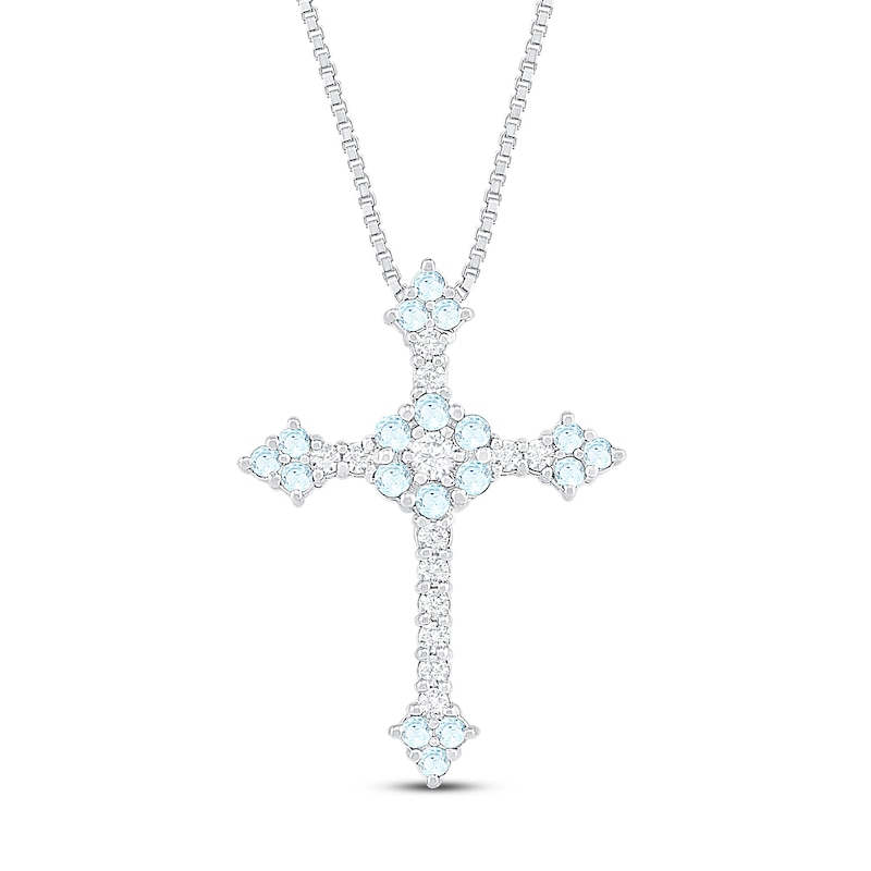 Aquamarine/Lab-Created Sapphire Cross Necklace Sterling Silver