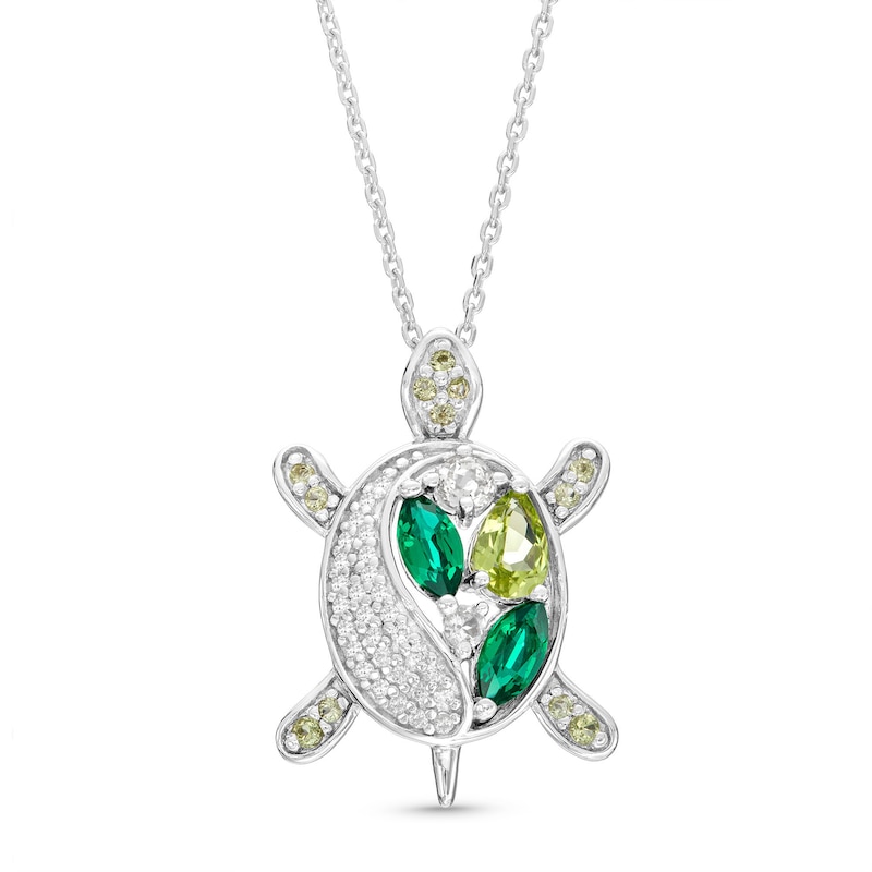 Vibrant Shades Peridot, Green Quartz, Lab-Created Emerald & Lab-Created Sapphire Turtle Necklace Sterling Silver 18"