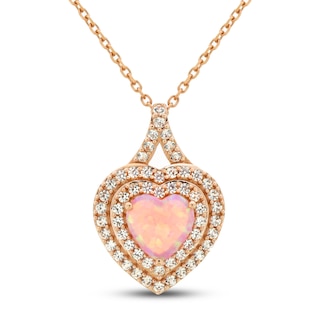 Pink Lab-Created Opal & White Lab-Created Sapphire Heart Necklace 10K Rose Gold 18&quot;|Kay