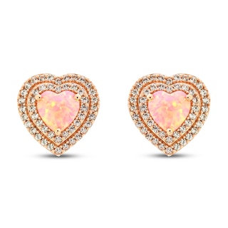Pink Lab-Created Opal & White Lab-Created Sapphire Heart Earrings 10K Rose Gold|Kay