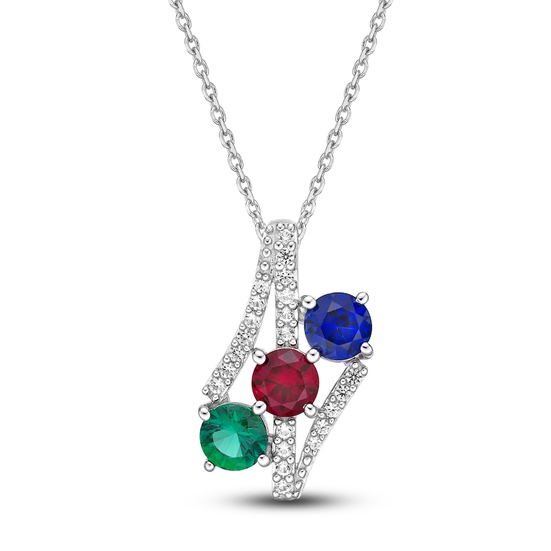 Lab-Created Ruby, Lab-Created Emerald, Blue & White Lab-Created Sapphire Necklace Sterling Silver 18"