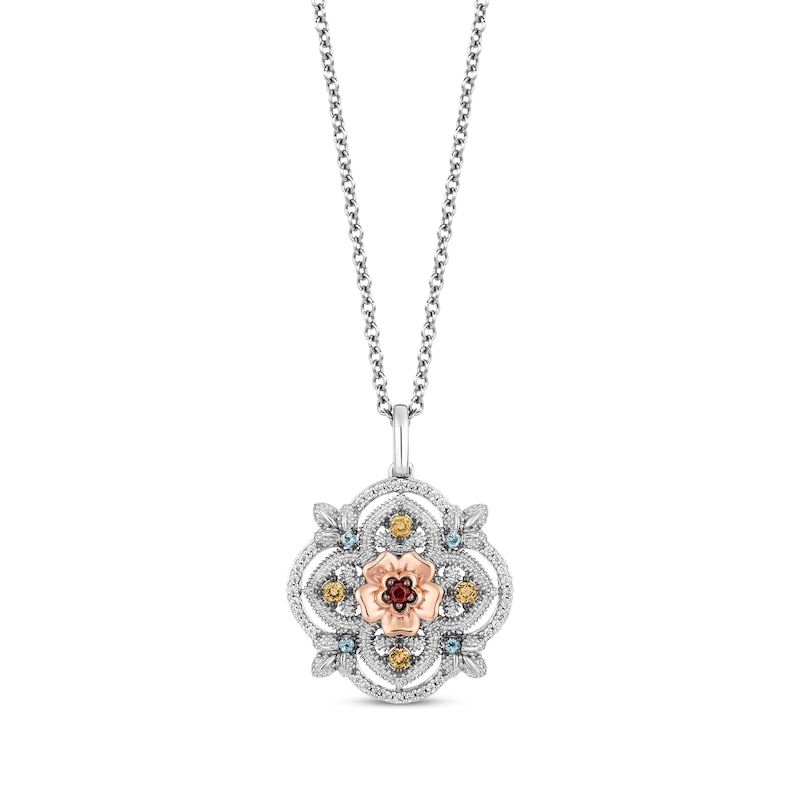 Disney Treasures Encanto Multi-Stone Flower Necklace 1/10 ct tw Diamonds Sterling Silver & 10K Rose Gold 19”