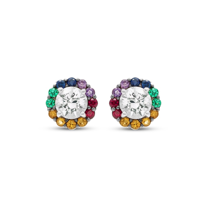 Natural & Lab-Created Gemstone Rainbow Halo Stud Earrings Sterling Silver