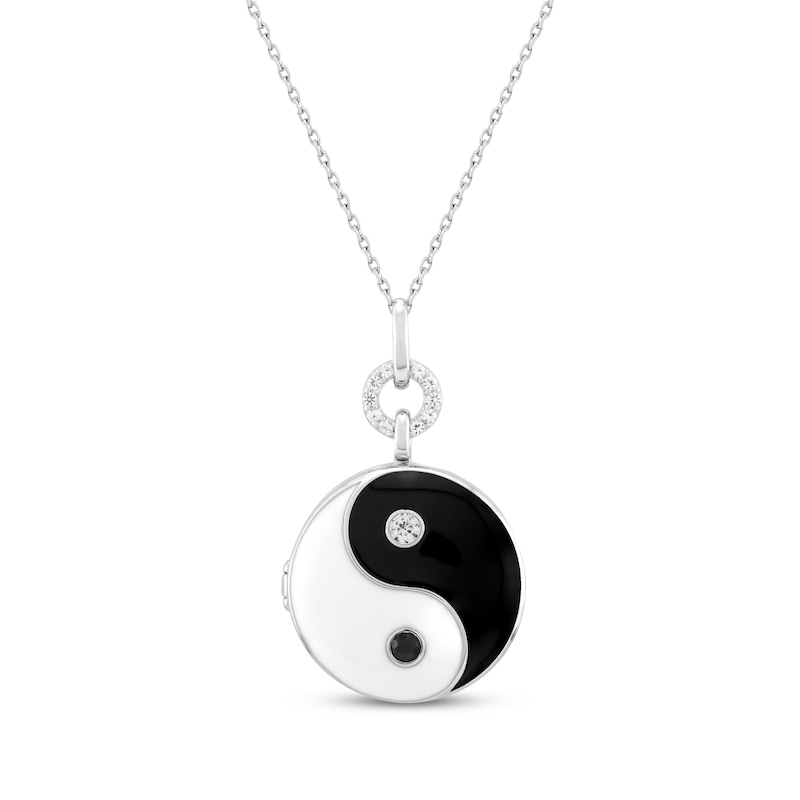 Black Onyx, White Lab-Created Sapphire & Enamel Yin-Yang Locket Necklace Sterling Silver 18"