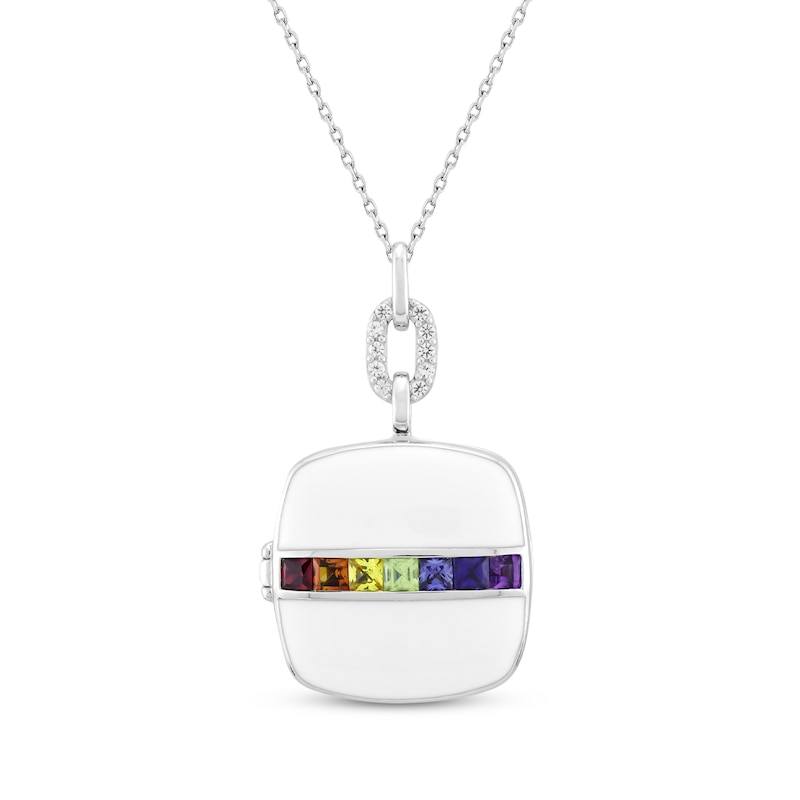 Square-Cut Natural & Lab-Created Gemstone Locket Necklace White Enamel & Sterling Silver 18"