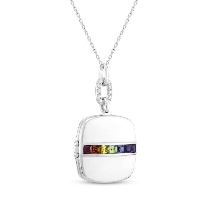 Square-Cut Natural & Lab-Created Gemstone Locket Necklace White Enamel & Sterling Silver 18"