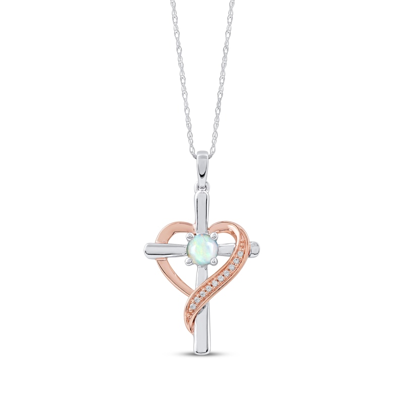 Opal & Diamond Accent Cross Necklace with Heart Sterling Silver & 10K Rose Gold 18"