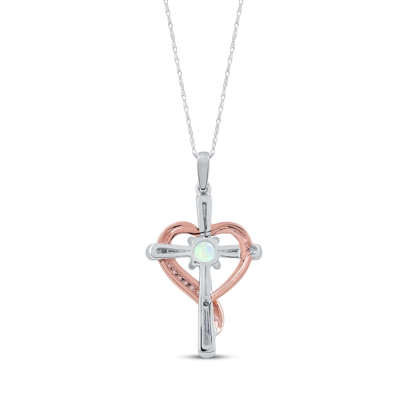 Opal & Diamond Accent Cross Necklace with Heart Sterling Silver & 10K Rose Gold 18"