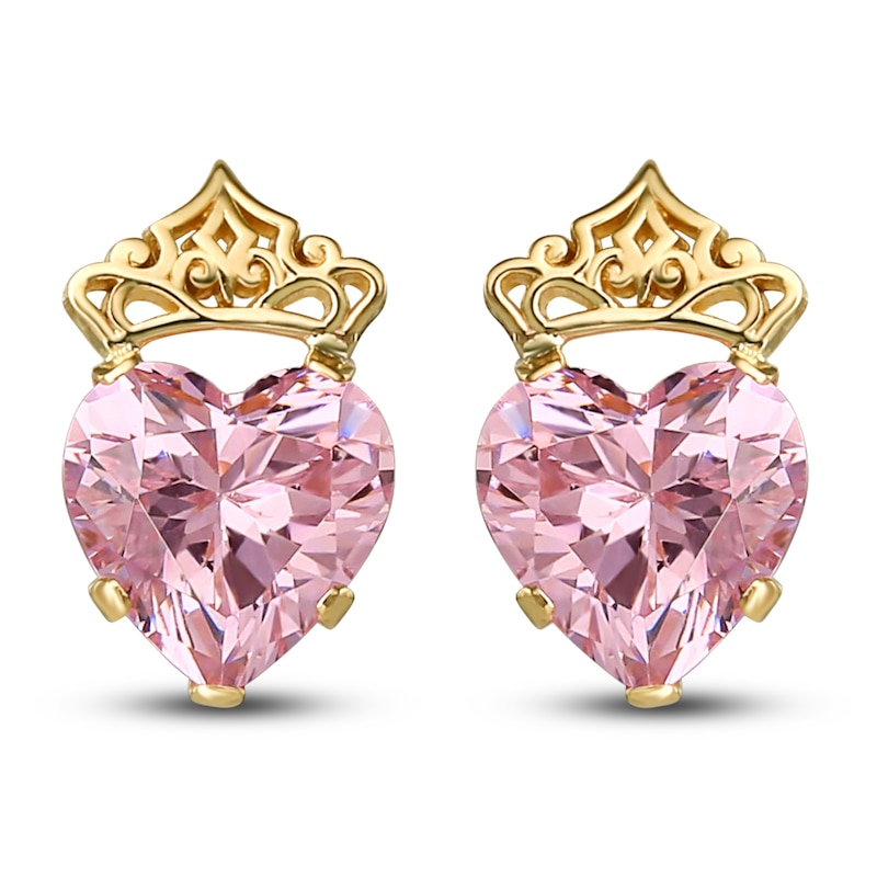 Children's Heart with Crown Pink Cubic Zirconia Stud Earrings 14K Yellow Gold