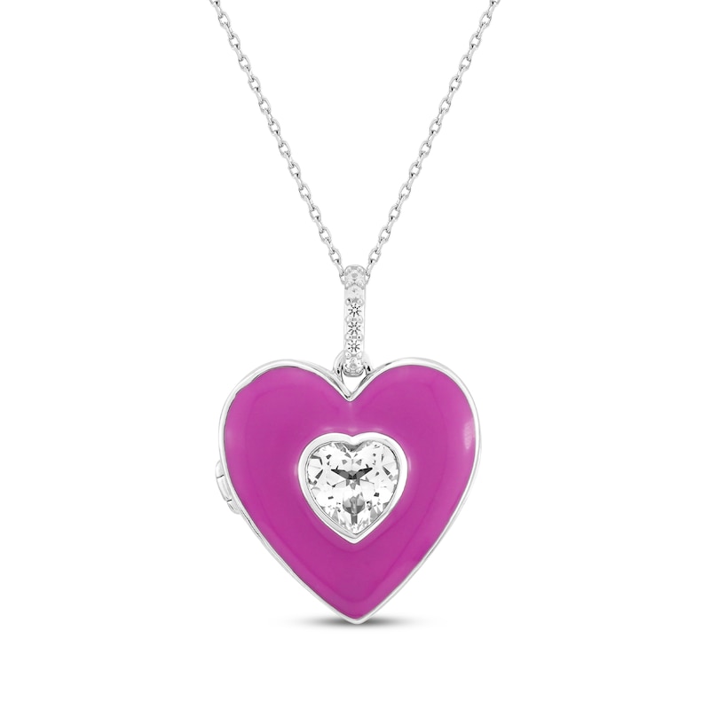 Heart-Shaped White Lab-Created Sapphire & Pink Enamel Locket Necklace Sterling Silver 18"