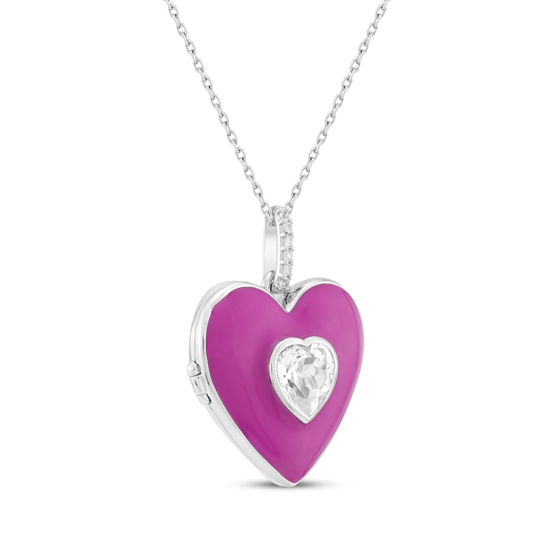 Heart-Shaped White Lab-Created Sapphire & Pink Enamel Locket Necklace Sterling Silver 18"