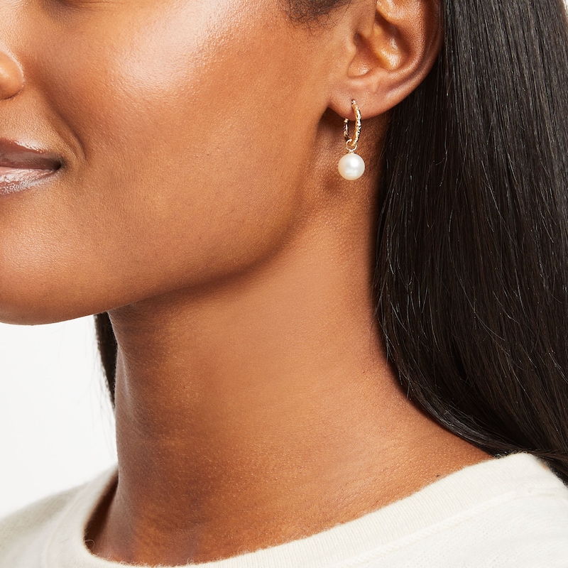 Cultured Pearl Diamond-Cut Hoop Dangle Earrings 10K Yellow Gold