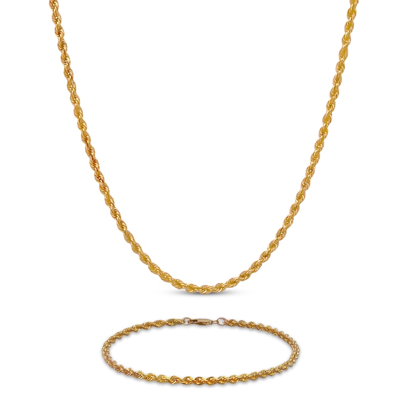 Semi-Solid Glitter Rope Chain Necklace & Bracelet Set 10K Yellow Gold