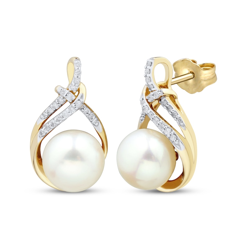 Cultured Pearl & Diamond Swirl Earrings 1/10 ct tw 10K Yellow Gold