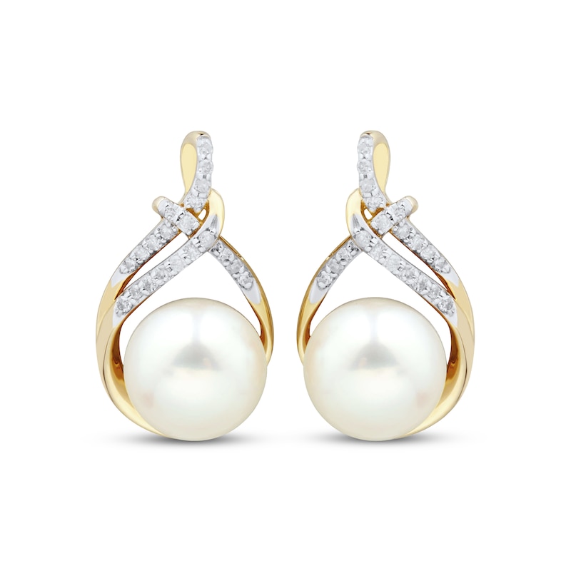 Cultured Pearl & Diamond Swirl Earrings 1/10 ct tw 10K Yellow Gold