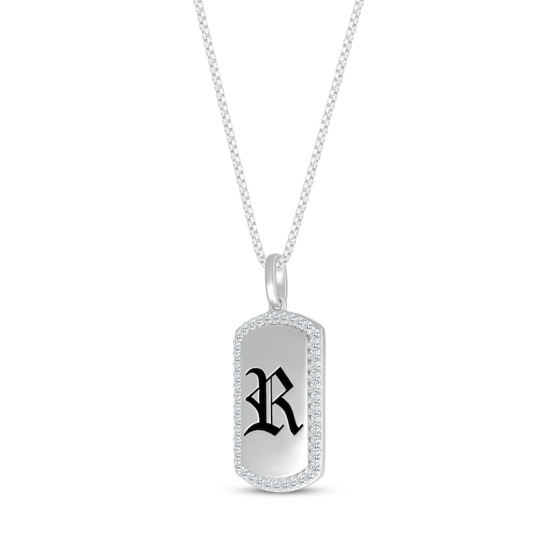 Men's Diamond Accent Dog Tag Medieval Script Initial Necklace Sterling Silver 22"
