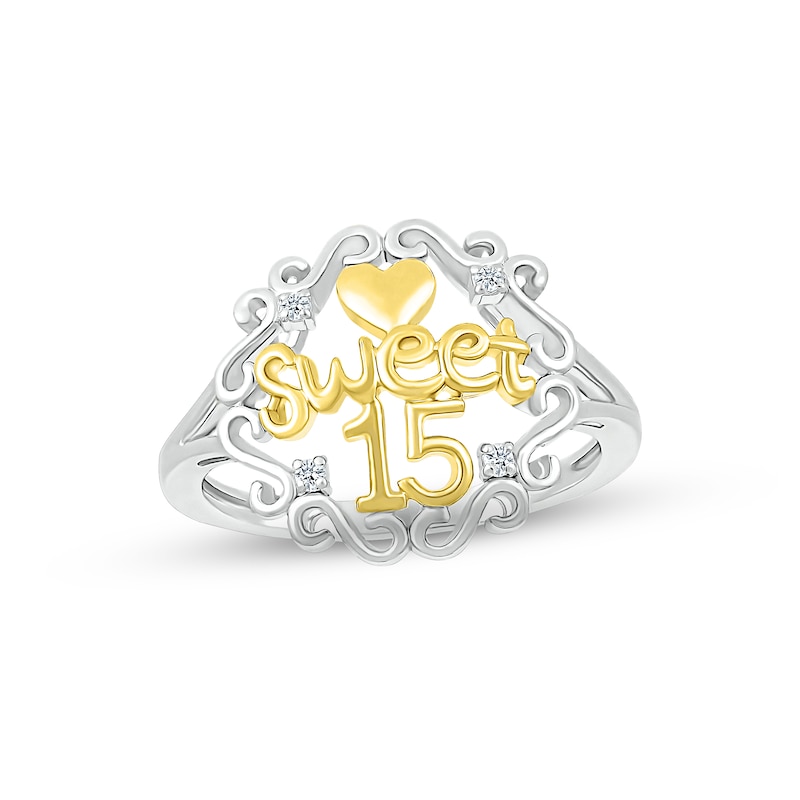 Diamond Quinceañera "Sweet 15" Ring Sterling Silver & 10K Yellow Gold