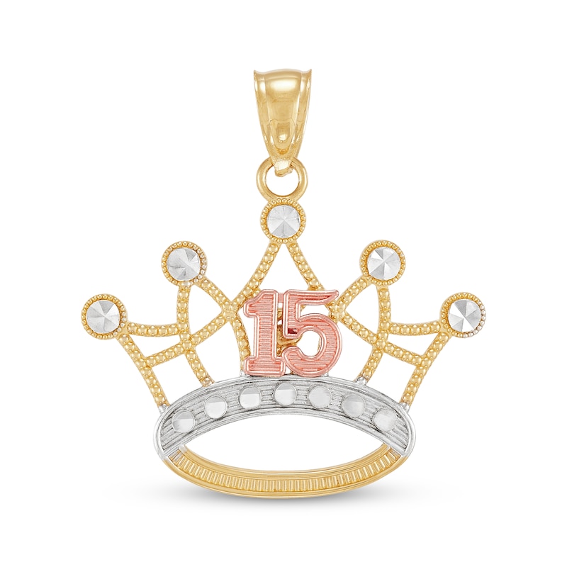 Diamond-Cut Quinceañera Crown & 15 Charm 14K Two-Tone Gold