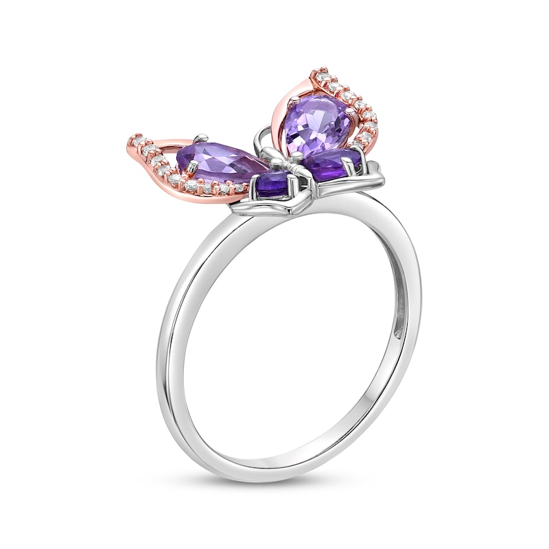 Pear-Shaped Amethyst & Round-Cut White Lab-Created Sapphire Butterfly Ring Sterling Silver & 10K Rose Gold