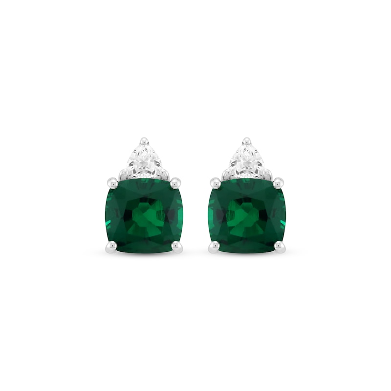 Cushion-Cut Lab-Created Emerald & White Lab-Created Sapphire Stud Earrings Sterling Silver