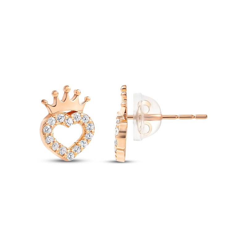 Children's Heart with Crown Cubic Zirconia Earrings 14K Rose Gold