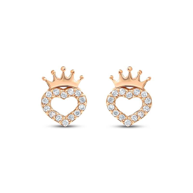 Children's Heart with Crown Cubic Zirconia Earrings 14K Rose Gold