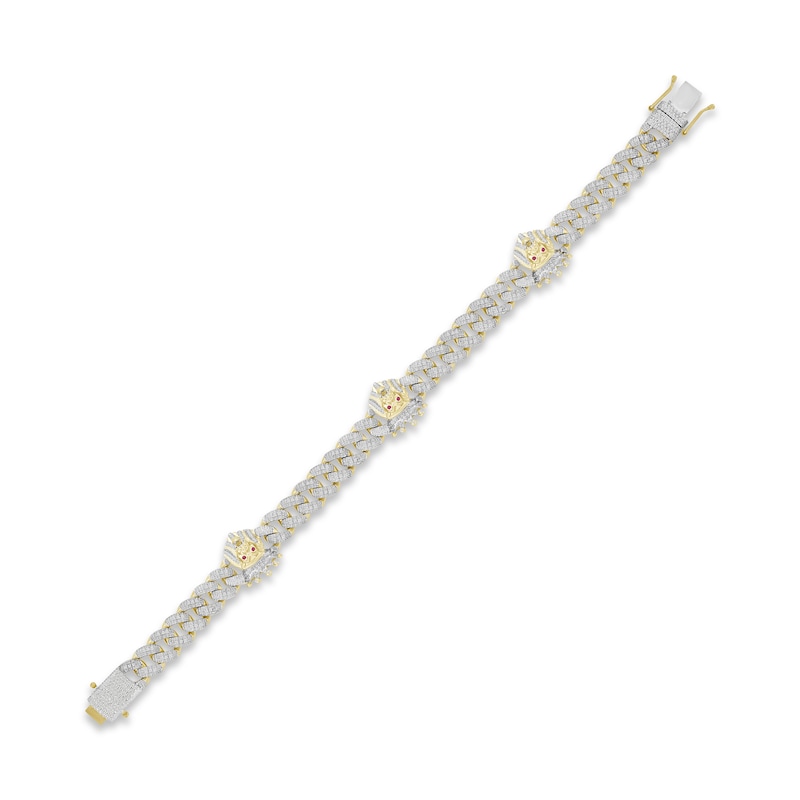 Men's Diamond & Lab-Created Ruby Lion Curb Chain Bracelet 1 ct tw Round-cut 10K Yellow Gold 8.5"