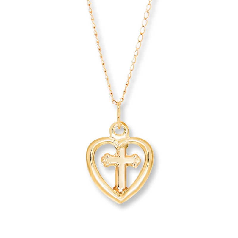Children's Heart Cross Necklace 14K Yellow Gold 13"
