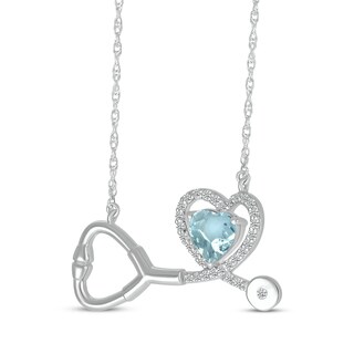 Heart-Shaped Aquamarine & White Lab-Created Sapphire Stethoscope Necklace Sterling Silver 17"|Kay