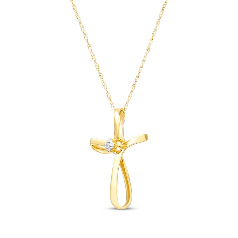 Diamond Accent Ribbon Cross Necklace 14K Yellow Gold 18"