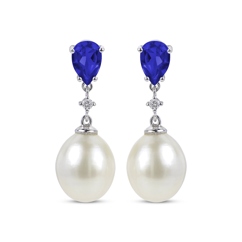 Cultured Pearl, Multi-Shape Blue & White Lab-Created Sapphire Drop Earrings Sterling Silver