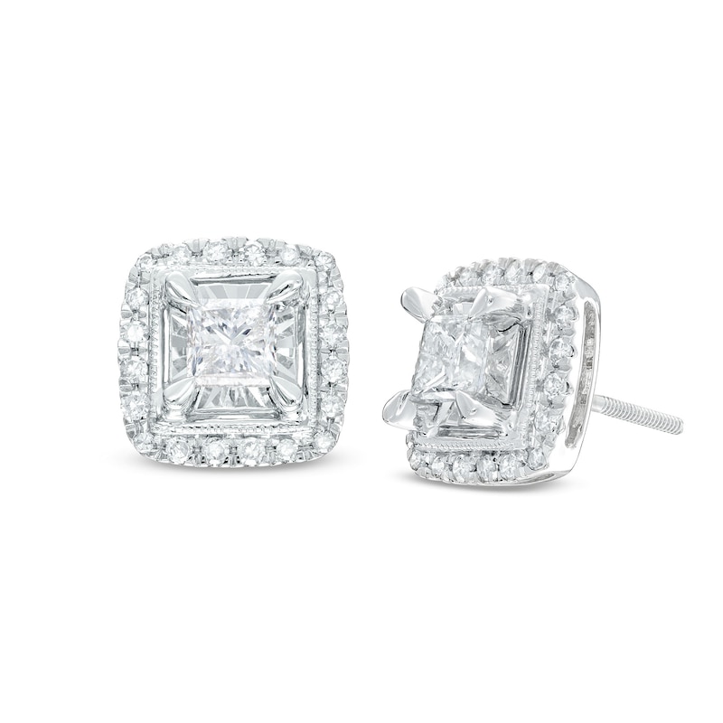 Previously Owned Diamond Stud Earrings 1 ct tw Princess & Round-cut 10K White Gold (J/I3)