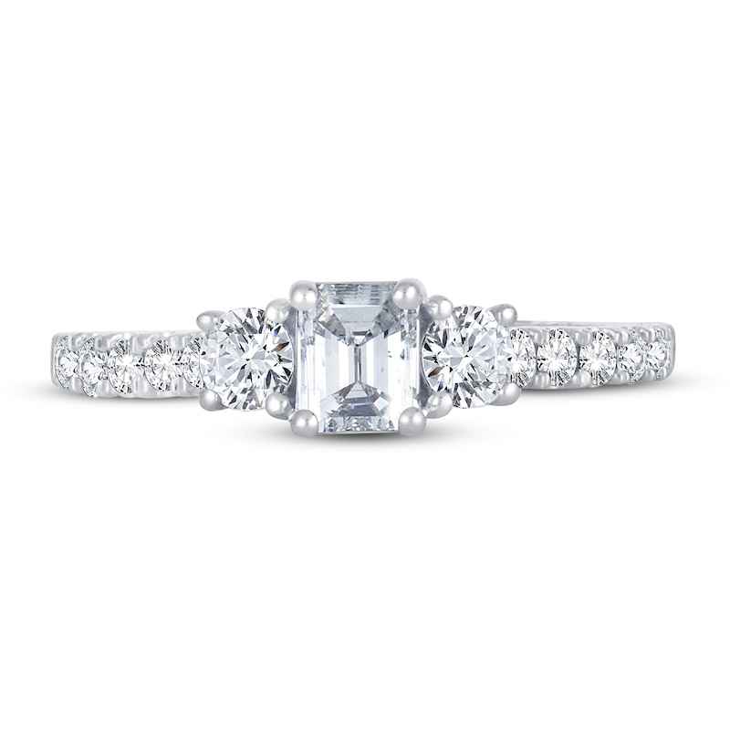 Memories Moments Magic 3-Stone Diamond Engagement Ring 1 ct tw Emerald & Round 14K White Gold