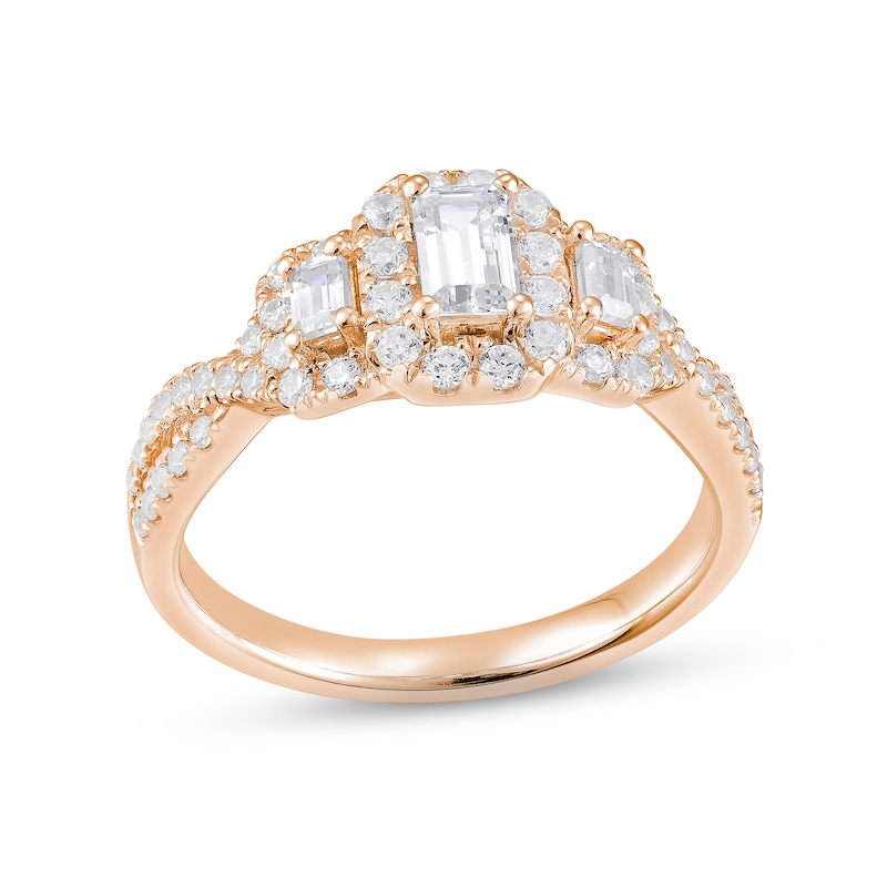 Memories Moments Magic Diamond Three-Stone Engagement Ring 1 ct tw Emerald & Round-cut 14K Rose Gold