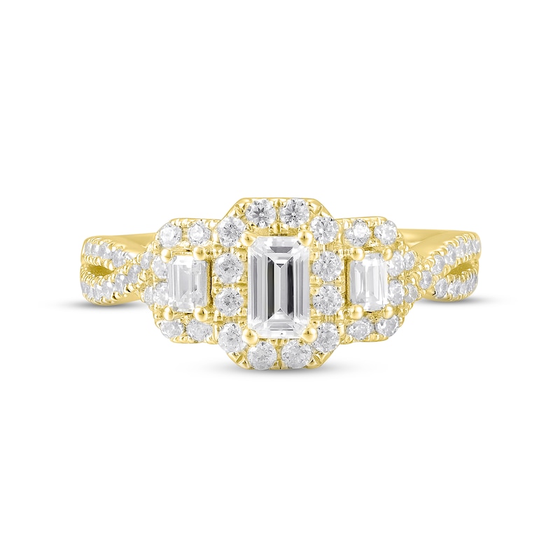 Memories Moments Magic Diamond Three-Stone Engagement Ring 1 ct tw Emerald & Round-cut 14K Yellow Gold