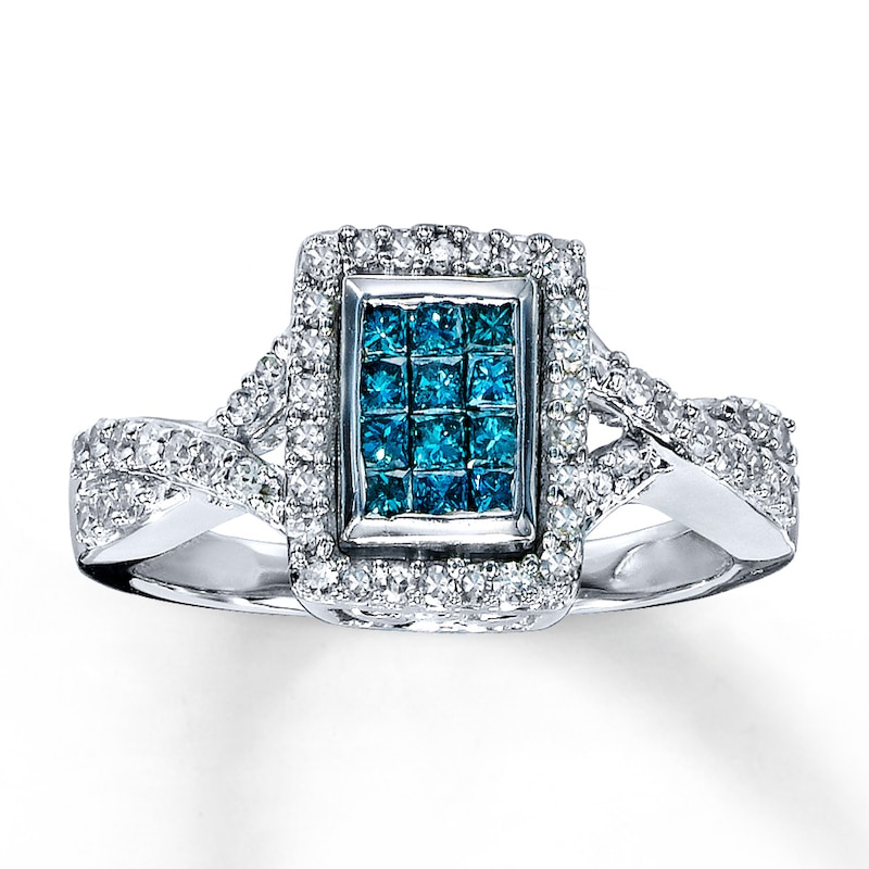 Main Image 1 of Blue Diamond Ring 1/2 ct tw Princess-cut 10K White Gold