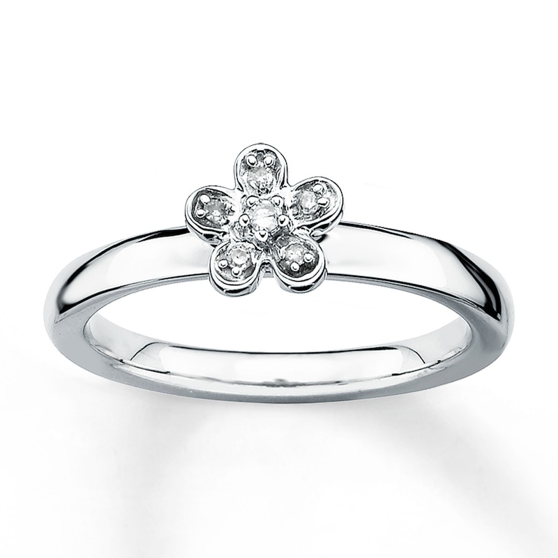 Main Image 1 of Stackable Flower Ring Diamond Accents Sterling Silver