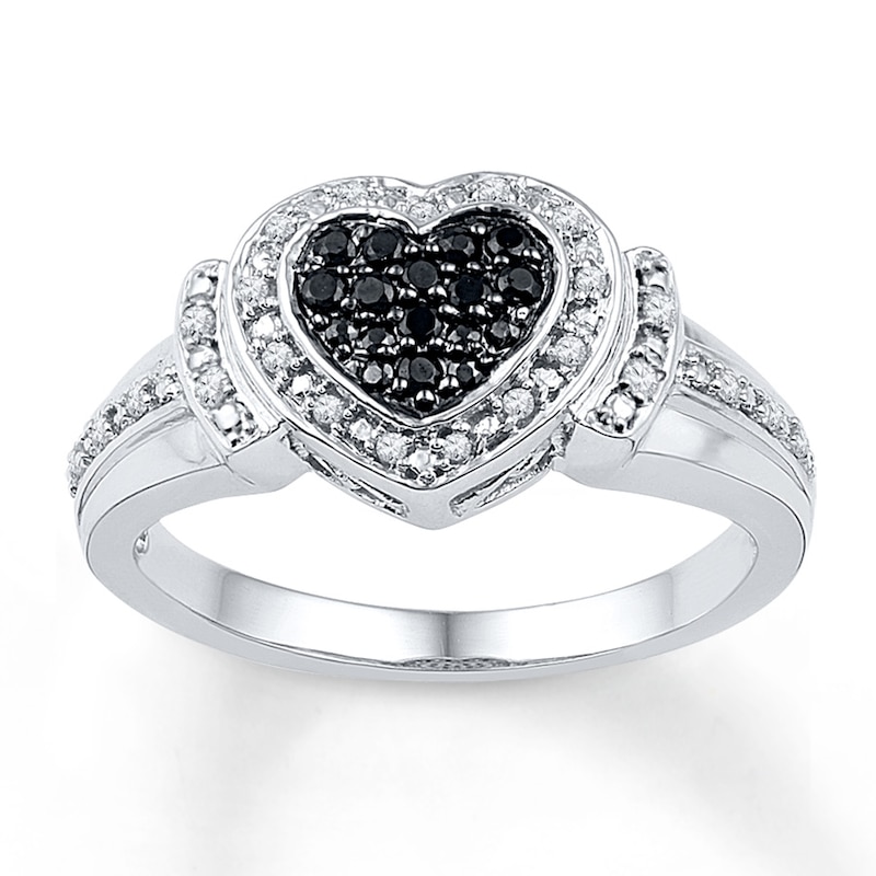 Main Image 1 of Black/White Diamond Heart Ring 1/4 ct tw Sterling Silver