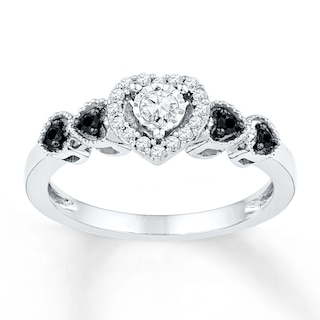 Black & White Diamond Heart Promise Ring 1/5 ct tw Sterling Silver
