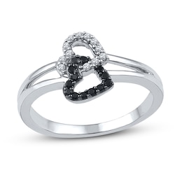 Black & White Diamond Hearts Promise Ring 1/6 ct tw Sterling Silver