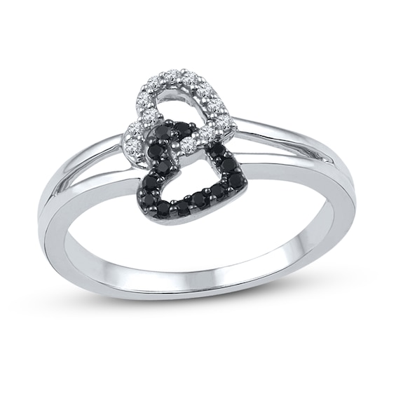 Black & White Diamond Hearts Promise Ring 1/6 ct tw Sterling Silver