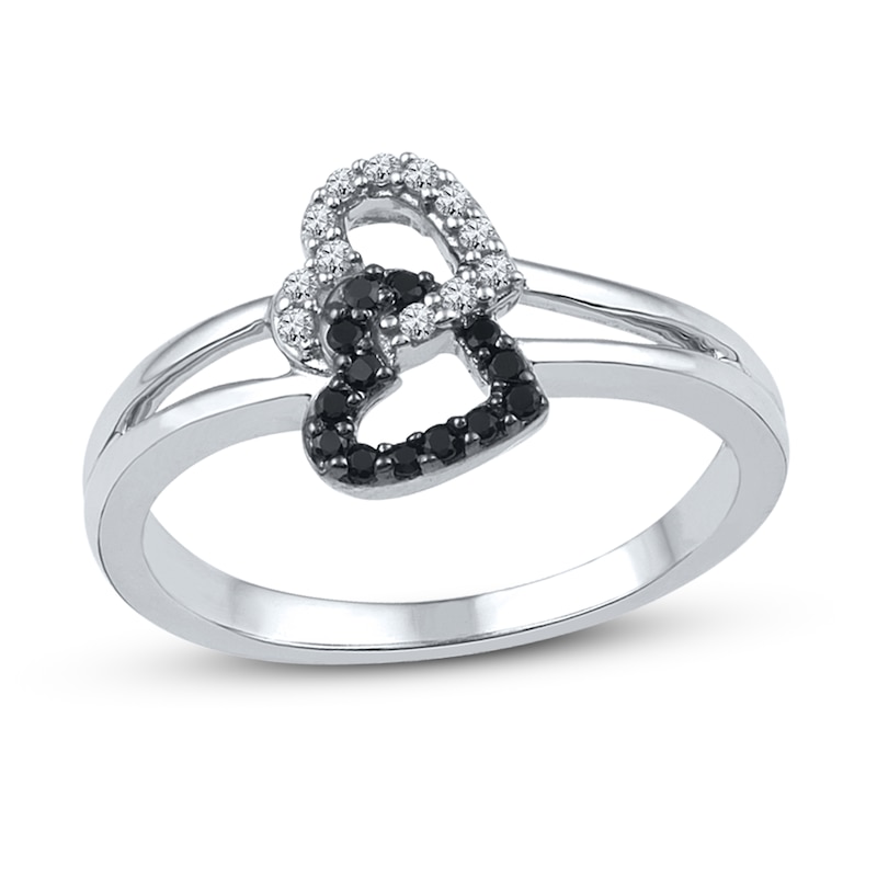 Main Image 1 of Black & White Diamond Hearts Promise Ring 1/6 ct tw Sterling Silver
