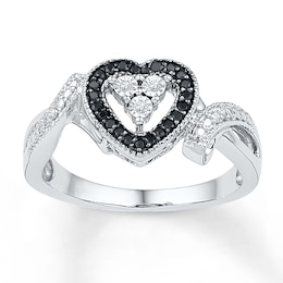 Black & White Diamond Heart Halo Promise Ring 1/10 ct tw Sterling Silver